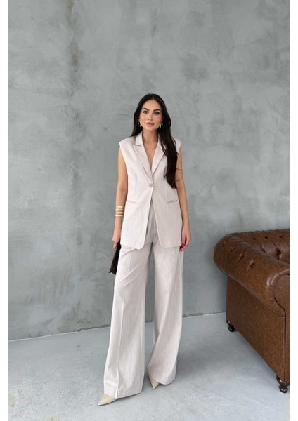 Woman's Taş Keten Yelek ve Pantolon Takım