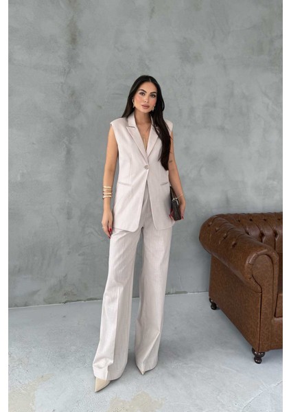 Woman's Taş Keten Yelek ve Pantolon Takım modelleri