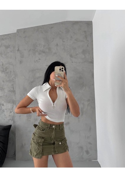 Kaşkorse V Yakası Fermuarlı Beyaz Slim Fit Kısa Kol Standart Boy Bluz/tişört indirimleri