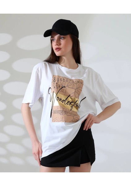 Bej/gold Varak Baskılı Imza Desen Hafif Oversized Regular Tişört