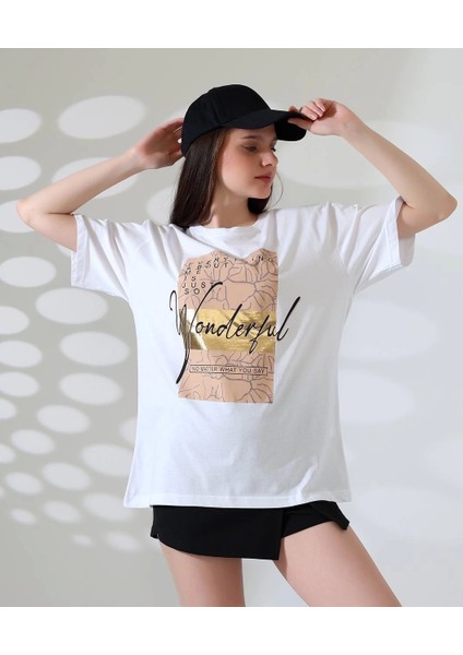 Bej/gold Varak Baskılı Imza Desen Hafif Oversized Regular Tişört