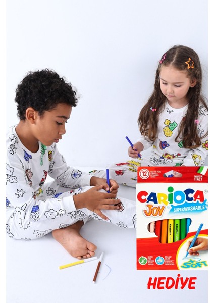 En Sevimli Figürler Özel Kalemi ile Boyanabilir Çocuk Pijama Takımı ( 12'li Kalem Seti Hediye )