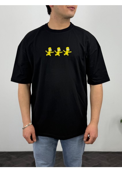 Oversize Ünisex Simpson Nakışlı T-Shirt Siyah