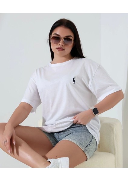 Pl Nakış Işlemeli %100 Pamuk Beyaz Bisiklet Yaka Kısa Kollu Hafif Oversized Tişört fiyatları