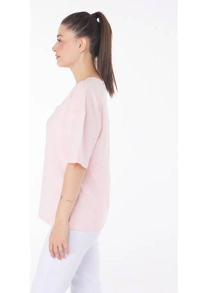 %100 Pamuk Açık Kısa Kollu Bisiklet Yaka Basic Pembe T-Shirt