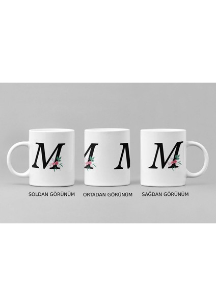 M Harfli Floral Detaylı Porselen Baskılı Kupa Bardak - 300 ml Kişiye Özel Hediye modelleri
