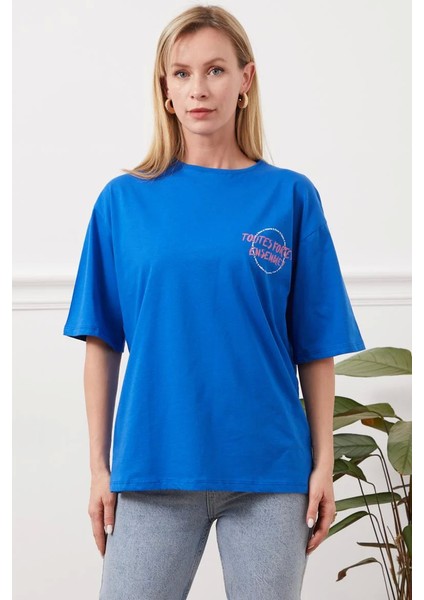 Baskılı Indigo Bisiklet Yaka Hafif Oversized Regular Trend Tişört