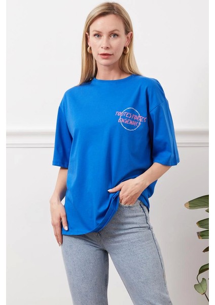 Baskılı Indigo Bisiklet Yaka Hafif Oversized Regular Trend Tişört