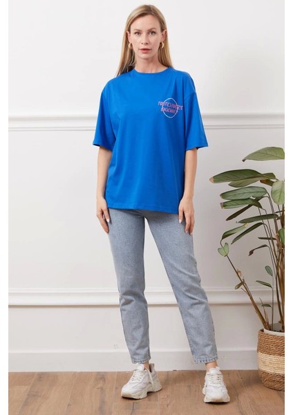 Baskılı Indigo Bisiklet Yaka Hafif Oversized Regular Trend Tişört