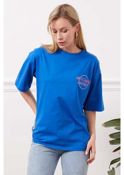 Baskılı Indigo Bisiklet Yaka Hafif Oversized Regular Trend Tişört