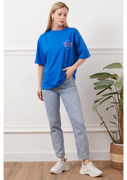 Baskılı Indigo Bisiklet Yaka Hafif Oversized Regular Trend Tişört