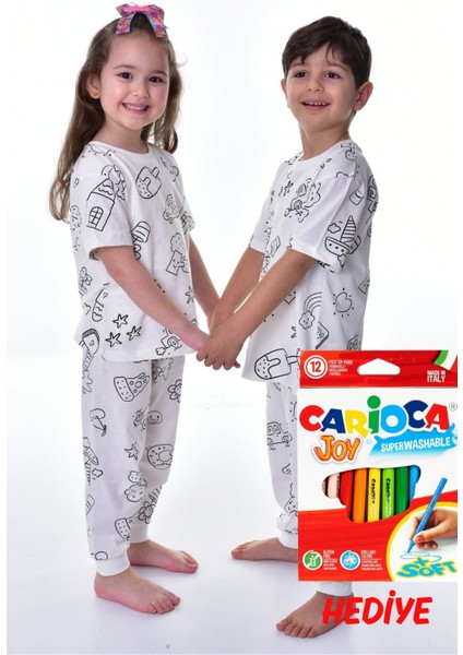 En Sevimli Figürler Özel Kalemi ile Boyanabilir Çocuk Pijama Takımı ( 12'li Kalem Seti Hediye ) modelleri