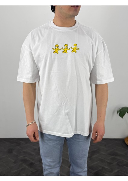 Oversize Ünisex Simpson Nakışlı T-Shirt Beyaz