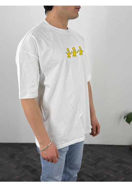 Oversize Ünisex Simpson Nakışlı T-Shirt Beyaz