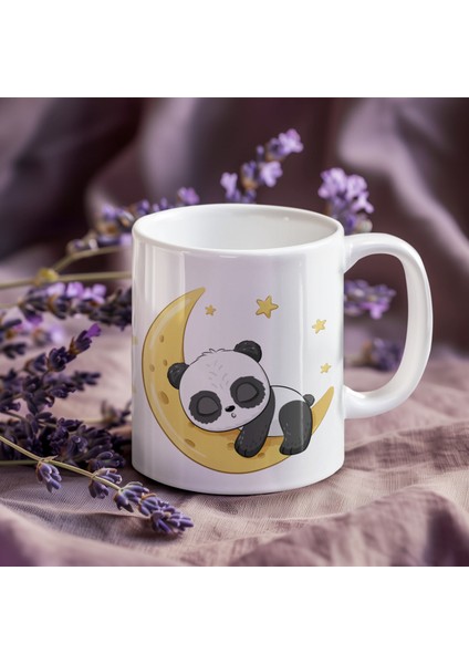 Tatlı Rüyalar Elinizde! Uyuyan Panda ve Balonlu Tavşan Desenli Porselen Baskılı Kupa Bardak (300 Ml)