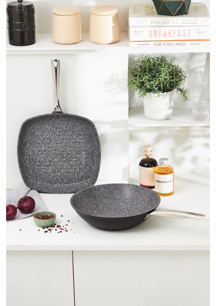 Biogranit Leona Wok Grill Set 28 cm Siyah