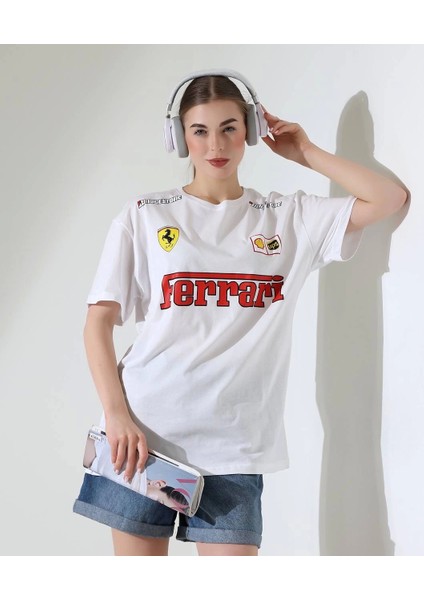 Fer Baskılı %100 Pamuk Beyaz Kırmızı Yazılı Oversize Trend Tişört