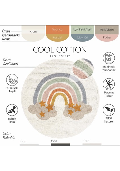Cool Cotton Krem Bebek Halısı Makinede Yıkanabilir Kaymaz Taban Yumuşak Dokulu Yuvarlak Çocuk Halısı