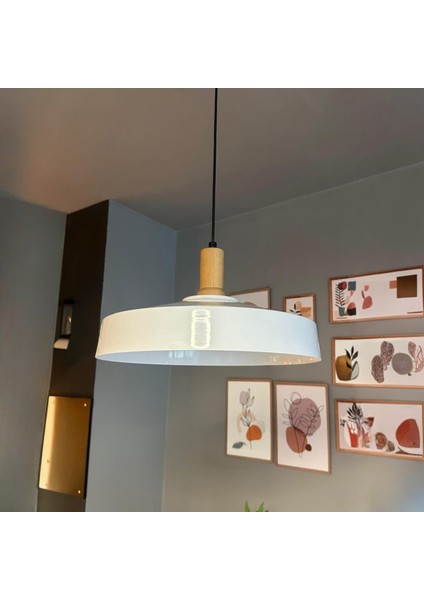 Açe Beyaz Tekli Fener Ahşap Başlık Avize Retro Sarkıt Ofis Showroom Salon Mutfak Avizeleri