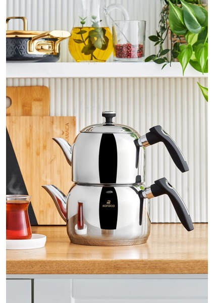 İndüksiyon Tabanlı Midi Çelik Çaydanlık Takımı, şık ve dayanıklı kullanım sağlar