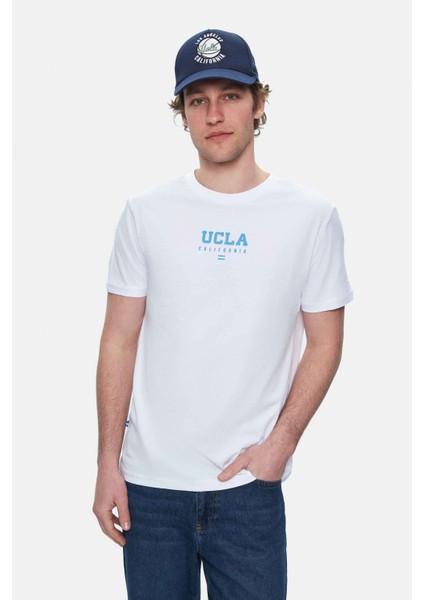 Sherman Beyaz Bisiklet Yaka Baskılı Standard Fit Erkek Tshirt