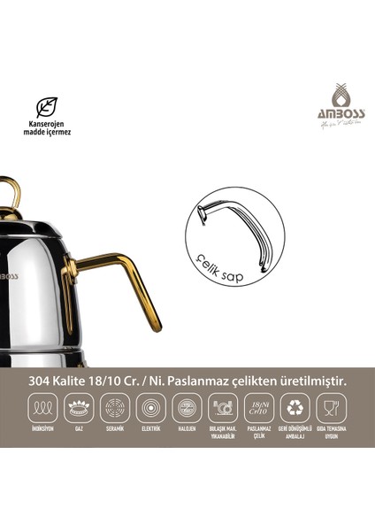Diamond Paslanmaz Çelik Gold Saplı Orta Boy Çaydanlık DİA-4660