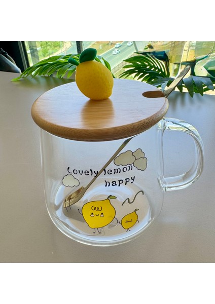Limon Figürlü Kaşıklı Kupa-Bambu Kapaklı Cam Bardak-Sıcak ve Soğuk Içecekler Için-Hediyelik- Kahve Limonata