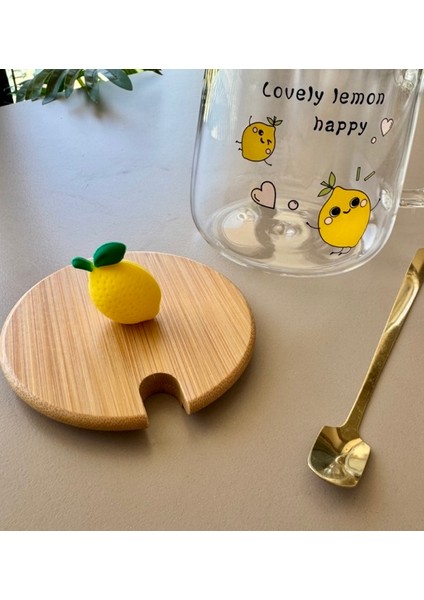 Limon Figürlü Kaşıklı Kupa-Bambu Kapaklı Cam Bardak-Sıcak ve Soğuk Içecekler Için-Hediyelik- Kahve Limonata