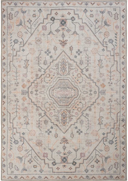 Private Krem Halı Etnik Desen Çiçekli Şönil Halı Yıkanabilir Eskitme Vintage Salon Halısı