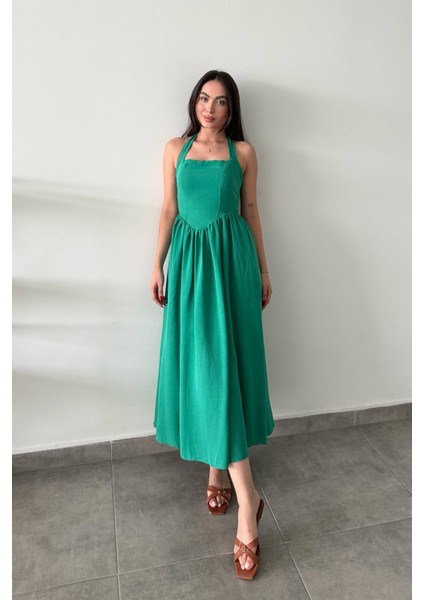 Boyundan Bağlamalı Yeşil Yaz Esintisi Keten Elbise fiyatları