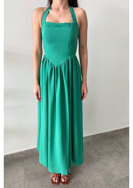 Boyundan Bağlamalı Yeşil Yaz Esintisi Keten Elbise modelleri