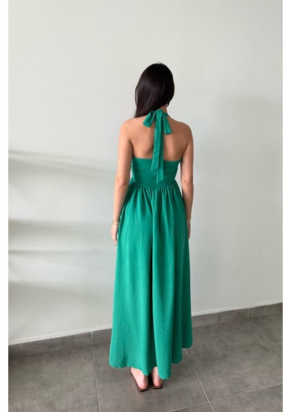 Boyundan Bağlamalı Yeşil Yaz Esintisi Keten Elbise fırsatları