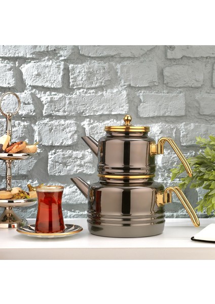 Şık Siyah Emaye Çaydanlık Takımı 3 Parça, modern ve dayanıklı set