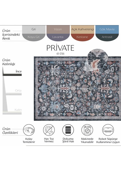 Private Antrasit Halı Eskitme Desenli Vintage Şönil Halı Çiçekli Yıkanabilir salon halısı fiyatları
