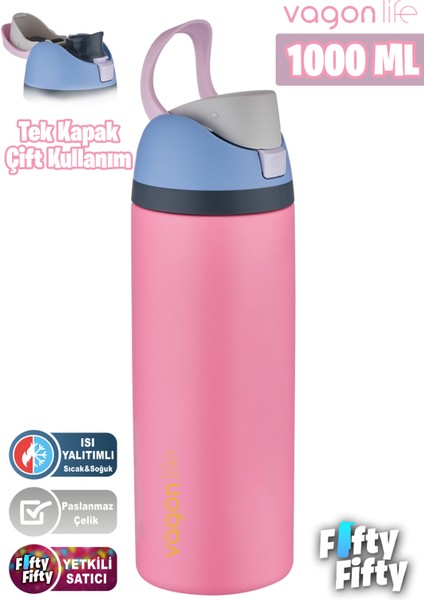 1000 ml Tek Kapak Çift Kullanım Pipetli/pipetsiz Taşıma Kulplu Çelik Termos -FFVGN045ML10003RENK