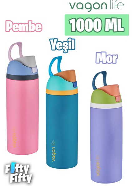 1000 ml Tek Kapak Çift Kullanım Pipetli/pipetsiz Taşıma Kulplu Çelik Termos -FFVGN045ML10003RENK