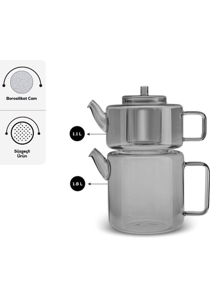 Flat Borosilikat Cam Midi Çaydanlık Smoke Grey
