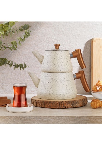 Bej 3 Parça Çaydanlık Takımı, Granit Tasarım, 1L Kapasiteli, Şık ve Dayanıklı Set