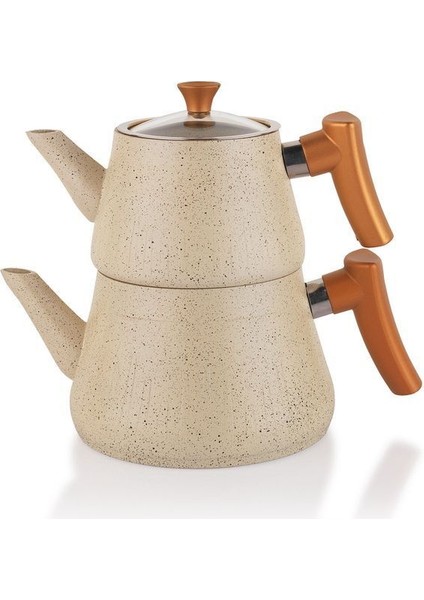 Bej 3 Parça Çaydanlık Takımı, Granit Tasarım, 1L Kapasiteli, Şık ve Dayanıklı Set