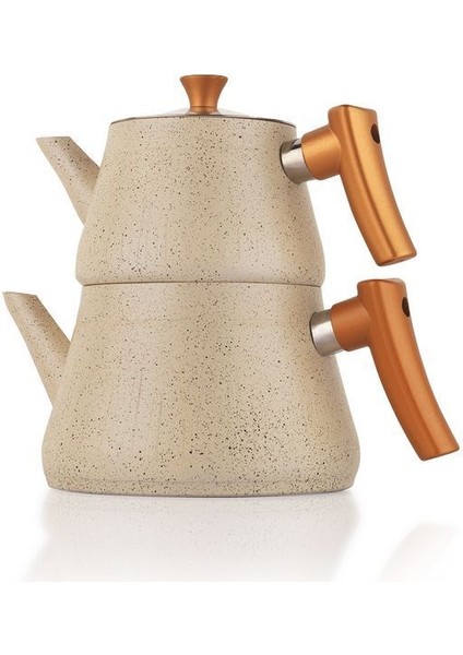 Bej 3 Parça Çaydanlık Takımı, Granit Tasarım, 1L Kapasiteli, Şık ve Dayanıklı Set