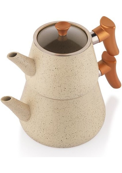 Bej 3 Parça Çaydanlık Takımı, Granit Tasarım, 1L Kapasiteli, Şık ve Dayanıklı Set