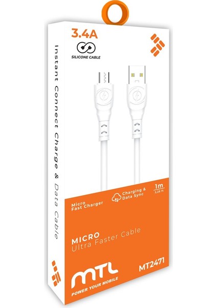 USB To Micro Silikon Hızlı Şarj ve Data Aktarım Kablosu 1 Metre 3.4 Amper MT2471