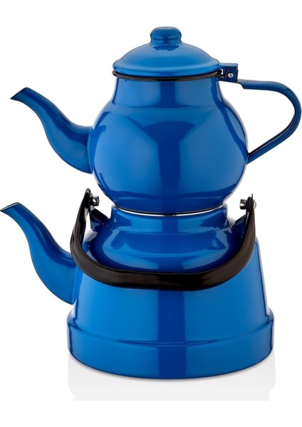 Mavi Emaye Nostaljik Orta Boy Çaydanlık Takımı, şık ve kullanışlı set