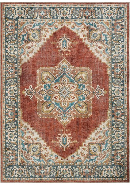 Private Bej Etnik Desenli Otantik Şönil Halı Yıkanabilir Eskitme Göbekli Salon Halısı