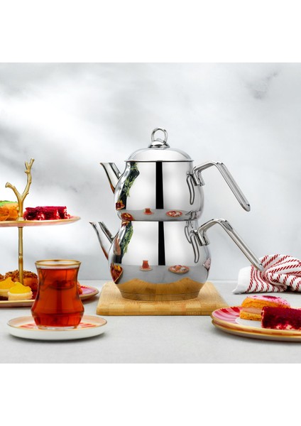 Şık 3 Parça Çelik Çaydanlık Seti, dayanıklı ve modern tasarım, gümüş renkli