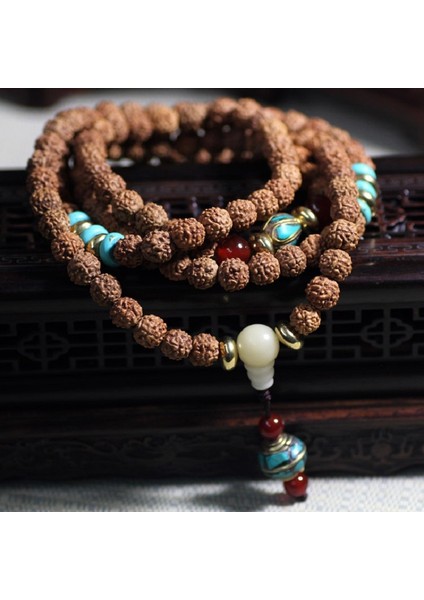 Üç Çifte Tabancacı Rudraksha Bodhi Tohumlu Tesbih Yuvarlak Boncuk Bilezikler Budist Dua Ahşap Japa Mala Bilezik J1386 (Yurt Dışından)