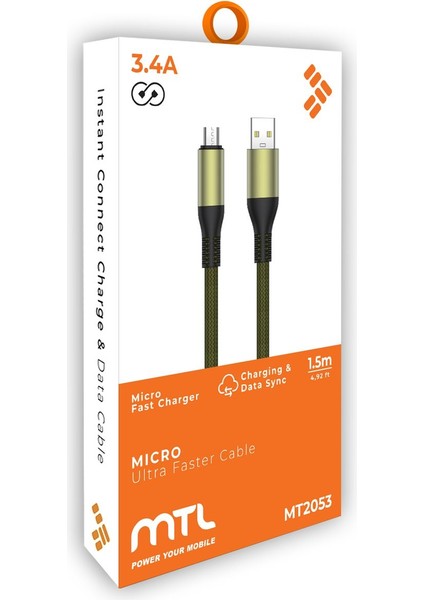 USB To Micro Hasır Hızlı Şarj ve Data Aktarım Kablosu 1.5 Metre 3.4 Amper MT2053