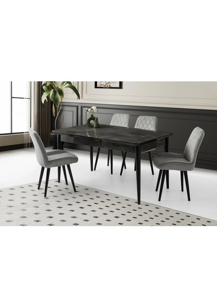 Ortadan Açılır Büyüyen 90 x 160 cm Siyah Mermer Desen Ahşap Salon Yemek Masa Gri Fulya Sandalye Takımı 4 Sandalyeli