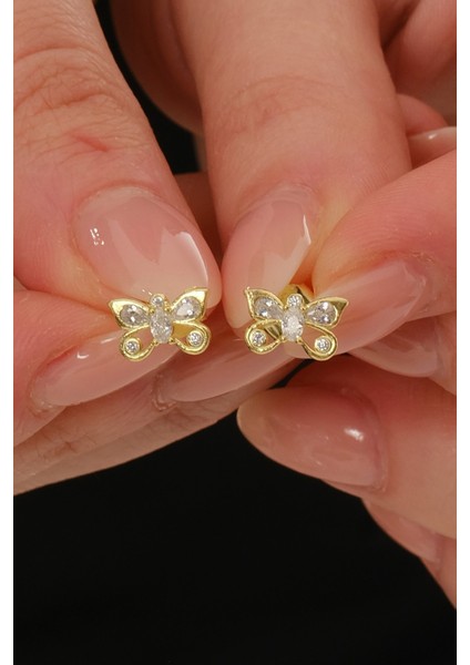 Gümüş Altın Yaldızlı Zirkon Taşlı Kelebek Küpe SGTL12847GOLD