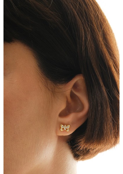 Gümüş Altın Yaldızlı Zirkon Taşlı Kelebek Küpe SGTL12847GOLD fiyatları